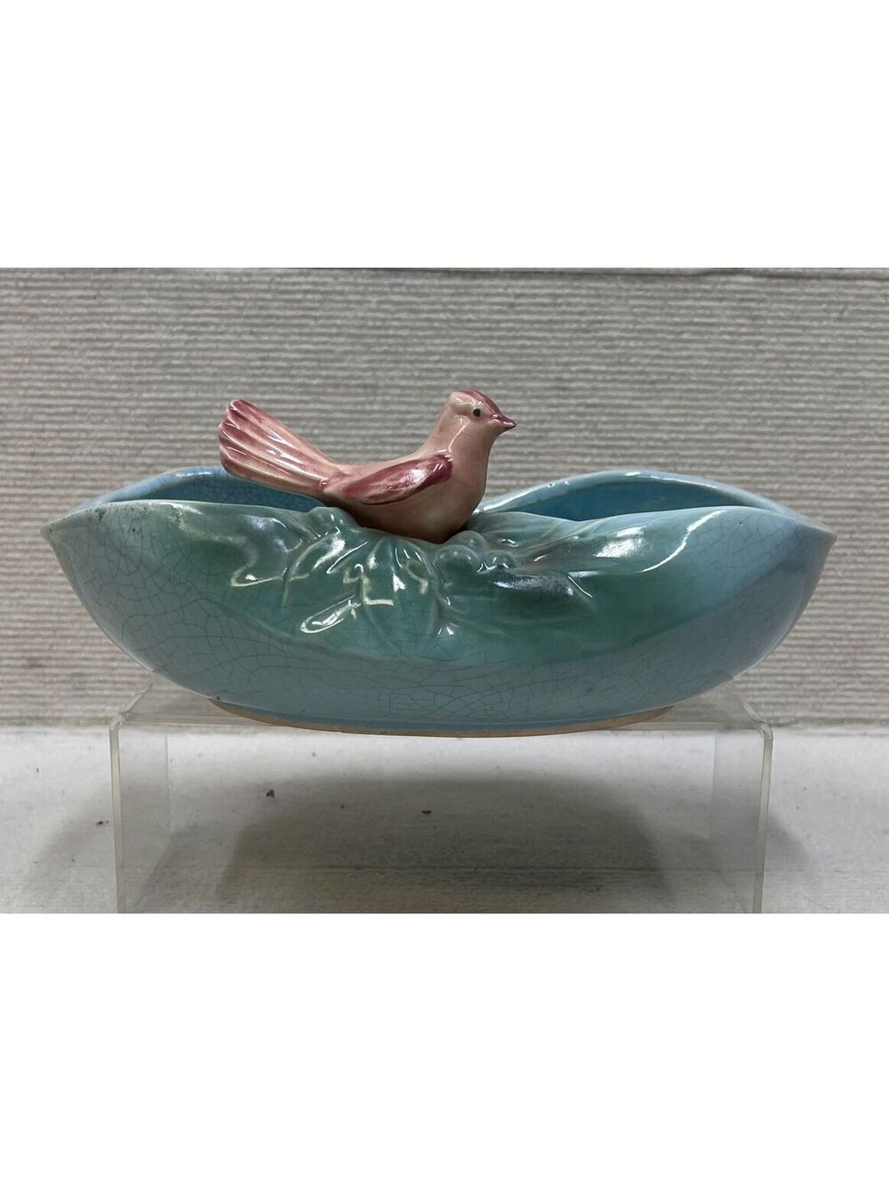 Vintage McCoy Pottery Bird Bath Planter Bowl Aqua Pink